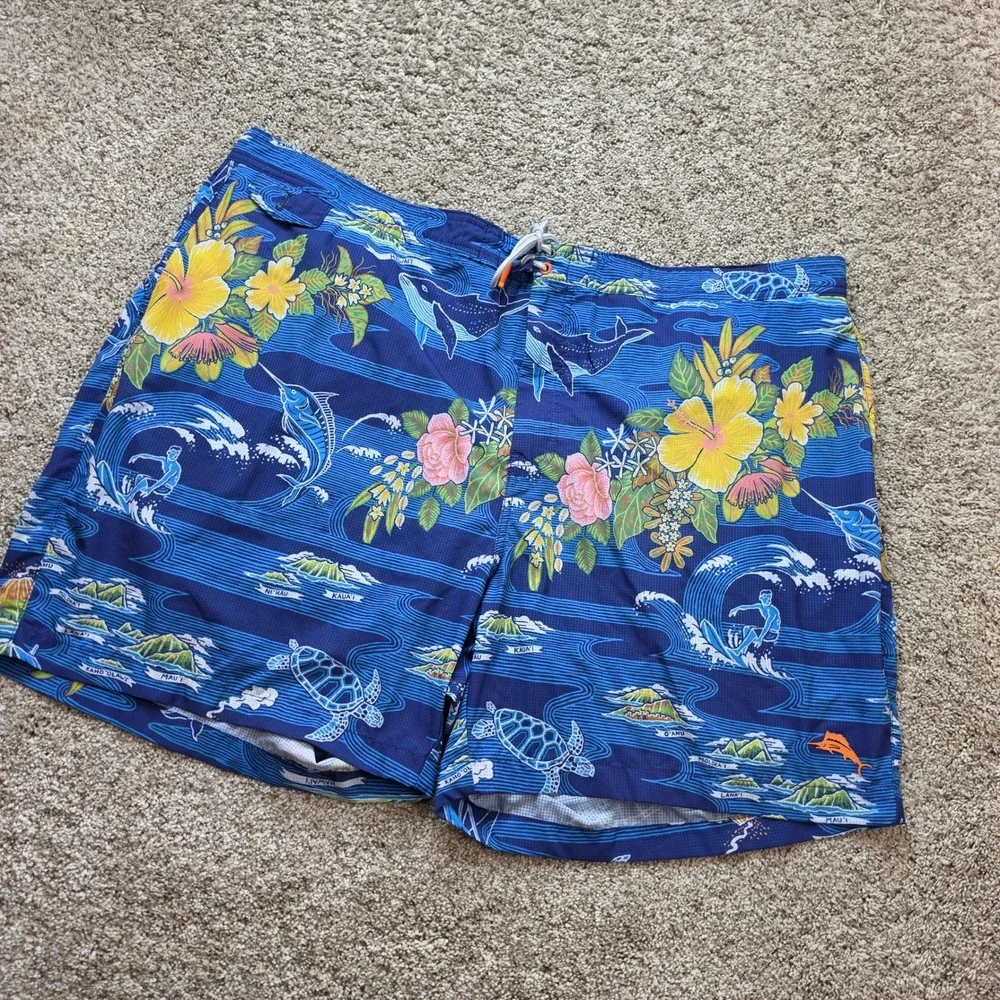 Tommy Bahama Swim Trunks Mens 3XLT Blue Hawaiian Island Map Tropical Surf Board